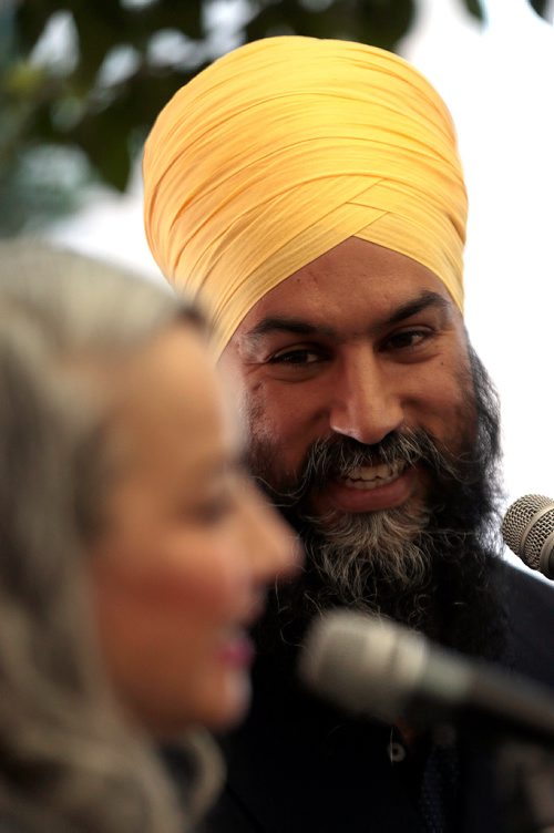 PHIL HOSSACK / WINNIPEG FREE PRESS - Jagmeet Singh beams as Nahahanni Fontain introduces him to the standing room only audience at the McNally Robinson 'atrium' to launch his new book, "Love and Courage" Thursday afternoon. See Bill Redekopp story. - April 25, 2019.
