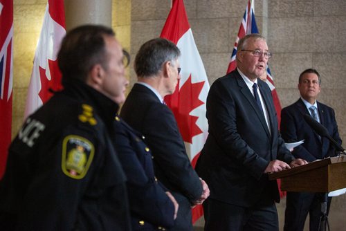 MIKAELA MACKENZIE/WINNIPEG FREE PRESS
Bill Blair, Minister of Border Security and Organized Crime Reduction announces funding for gun and gang violence prevention at the Manitoba Legislative Building in Winnipeg on Friday, April 26, 2019. For Larry Kusch story.
Winnipeg Free Press 2019