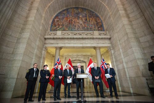 MIKAELA MACKENZIE/WINNIPEG FREE PRESS
Minister of International Trade Diversification Jim Carr announces funding for gun and gang violence prevention along with chief of police Danny Smyth (left), Assistant Commissioner Jane MacLatchy, MP Terry Duguid, MP Dan Vandal, Minister of Border Security and Organized Crime Reduction Bill Blair, and Minister of Justice Cliff Cullen at the Manitoba Legislative Building in Winnipeg on Friday, April 26, 2019. For Larry Kusch story.
Winnipeg Free Press 2019