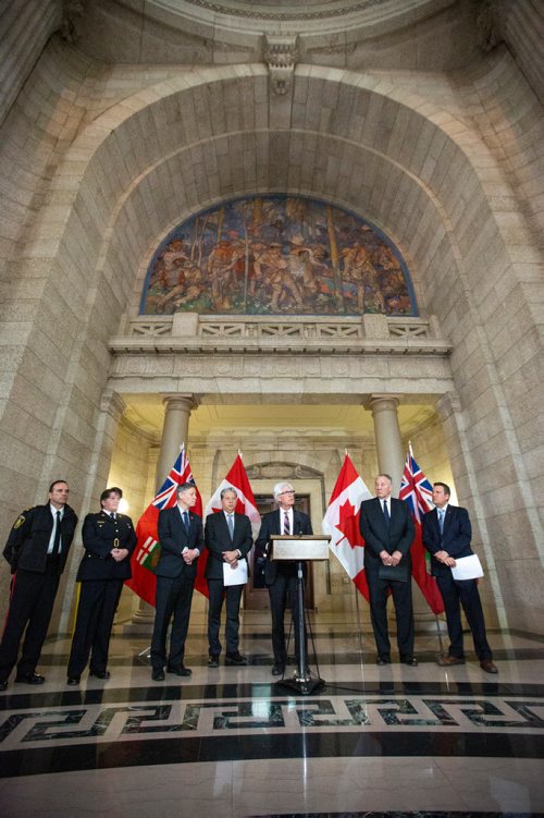 MIKAELA MACKENZIE/WINNIPEG FREE PRESS
Minister of International Trade Diversification Jim Carr announces funding for gun and gang violence prevention along with chief of police Danny Smyth (left), Assistant Commissioner Jane MacLatchy, MP Terry Duguid, MP Dan Vandal, Minister of Border Security and Organized Crime Reduction Bill Blair, and Minister of Justice Cliff Cullen at the Manitoba Legislative Building in Winnipeg on Friday, April 26, 2019. For Larry Kusch story.
Winnipeg Free Press 2019