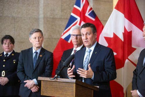 MIKAELA MACKENZIE/WINNIPEG FREE PRESS
Minister of Justice Cliff Cullen speaks after an announcement for funding for gun and gang violence prevention at the Manitoba Legislative Building in Winnipeg on Friday, April 26, 2019. For Larry Kusch story.
Winnipeg Free Press 2019