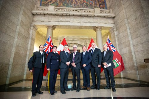 MIKAELA MACKENZIE/WINNIPEG FREE PRESS
Chief of police Danny Smyth (left), Assistant Commissioner Jane MacLatchy, MP Terry Duguid, Minister of International Trade Diversification Jim Carr , Minister of Justice Cliff Cullen, Minister of Border Security and Organized Crime Reduction Bill Blair, and MP Dan Vandal pose for a portrait after a funding announcement for gun and gang violence prevention at the Manitoba Legislative Building in Winnipeg on Friday, April 26, 2019. For Larry Kusch story.
Winnipeg Free Press 2019