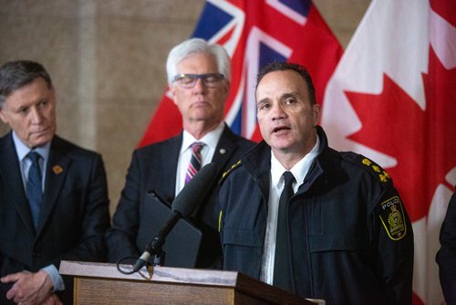 MIKAELA MACKENZIE/WINNIPEG FREE PRESS
Police chief Danny Smyth speaks after funding for gun and gang violence prevention was announced at the Manitoba Legislative Building in Winnipeg on Friday, April 26, 2019. For Larry Kusch story.
Winnipeg Free Press 2019