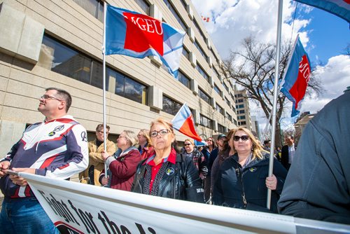 MIKAELA MACKENZIE/WINNIPEG FREE PRESS
Michelle Gawronsky, MGEU president, marches in the SAFE Workers of Tomorrow Leaders' Walk on Broadway in Winnipeg on Friday, April 26, 2019. 
Winnipeg Free Press 2019