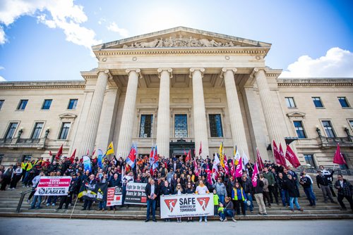 MIKAELA MACKENZIE/WINNIPEG FREE PRESS
The SAFE Workers of Tomorrow Leaders' Walk pauses at the steps of the Manitoba Legislative Building in Winnipeg on Friday, April 26, 2019. 
Winnipeg Free Press 2019