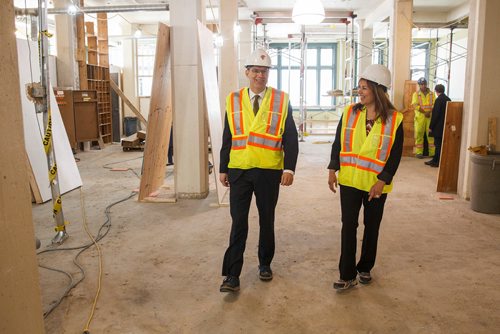 MIKE DEAL / WINNIPEG FREE PRESS
Paul Vogt President of RRC and Rebecca Chartrand Executive Director of Indigenous Strategy at RRC are working with Akman Construction on community outreach during the on-going construction of the RRC Innovation Centre.
190426 - Friday, April 26, 2019.