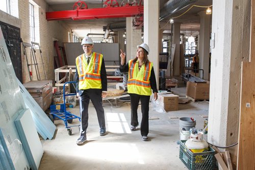 MIKE DEAL / WINNIPEG FREE PRESS
Paul Vogt President of RRC and Rebecca Chartrand Executive Director of Indigenous Strategy at RRC are working with Akman Construction on community outreach during the on-going construction of the RRC Innovation Centre.
190426 - Friday, April 26, 2019.