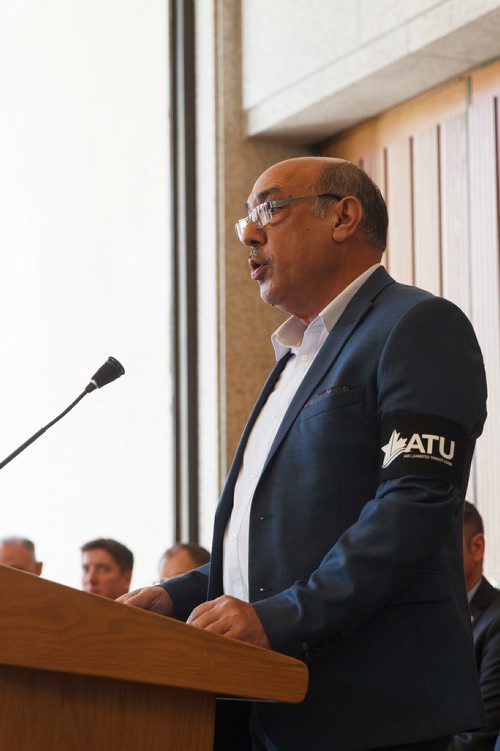 MIKE DEAL / WINNIPEG FREE PRESS
Aleem Chaudhary, president of Amalgamated Transit Union Local 1505, speaks during the Day of Mourning Ceremony at City Hall Friday morning. 
190426 - Friday, April 26, 2019.