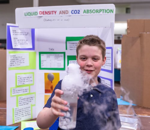 SASHA SEFTER / WINNIPEG FREE PRESS
Grade six student Jackson McDonald (11) of  demonstrates what happens when dry ice is mixed with water at the Manitoba Schools Science Symposium which is being held in the Max Bell Centre on the University of Manitoba campus.
190426 - Friday, April 26, 2019.