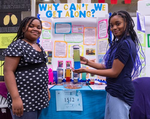 SASHA SEFTER / WINNIPEG FREE PRESS
Sisters Akira (09) (left) and Jaelah (9) Forteau (right) show off their project which involves combining substances that don't mix at the Manitoba Schools Science Symposium which is being held in the Max Bell Centre on the University of Manitoba campus.
190426 - Friday, April 26, 2019.