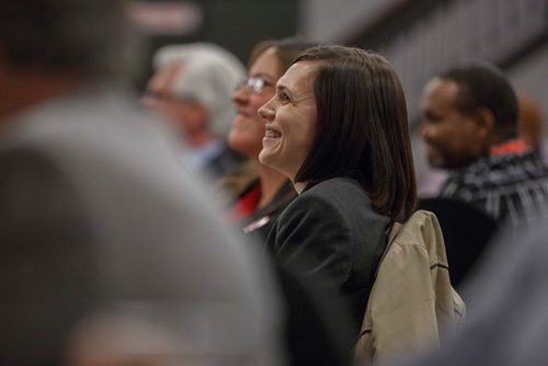 MIKE DEAL / WINNIPEG FREE PRESS
Liberal MLA Cindy Lamoureux laughs during Dougald Lamont's keynote speech Saturday.
Manitoba Liberal Party held its annual convention in conjunction with the Federal Liberal Party of Canada (Manitoba)'s Biennial Convention at the Radisson Hotel Saturday. 
190427 - Saturday, April 27, 2019.