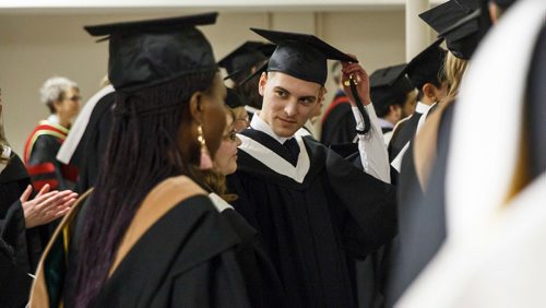 MIKE DEAL / WINNIPEG FREE PRESS
Masimo Picaku during his graduation ceremony at the Portage Avenue Church Saturday afternoon.
Masimo Picaku is the first Albanian to graduate from CMU (with a business degree).
See John Longhurst story 
190427 - Saturday, April 27, 2019.