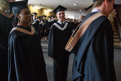 MIKE DEAL / WINNIPEG FREE PRESS
Masimo Picaku during his graduation ceremony at the Portage Avenue Church Saturday afternoon.
Masimo Picaku is the first Albanian to graduate from CMU (with a business degree).
See John Longhurst story 
190427 - Saturday, April 27, 2019.