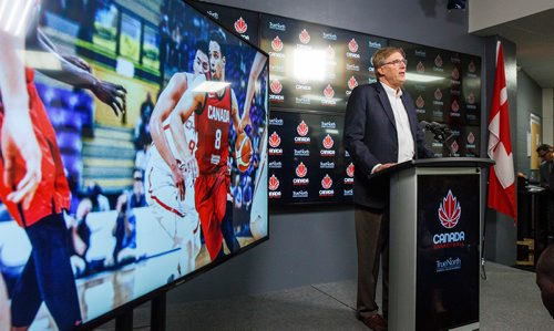 MIKE DEAL / WINNIPEG FREE PRESS
During a press event at Bell MTS Place Monday afternoon Glen Grunwald, President & CEO, Canada Basketball announced that the Senior Men's National Team will face Nigeria at Bell MTS Place in Winnipeg on Friday, August 9.
190429 - Monday, April 29, 2019.