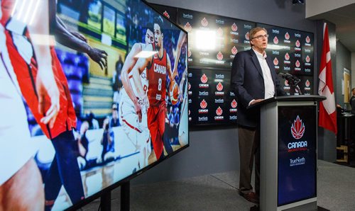 MIKE DEAL / WINNIPEG FREE PRESS
During a press event at Bell MTS Place Monday afternoon Glen Grunwald, President & CEO, Canada Basketball announced that the Senior Men's National Team will face Nigeria at Bell MTS Place in Winnipeg on Friday, August 9.
190429 - Monday, April 29, 2019.