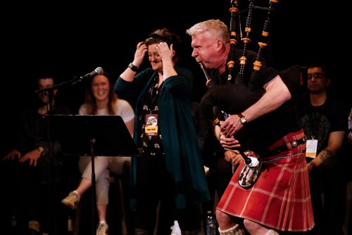 Nikki Payne performs with Johnny Bagpipes at the Winnipeg Comedy Festival show Your Hoods A Joke at The Gas Station Theatre in Winnipeg Monday, April 29, 2019. .

Reporter: ?
