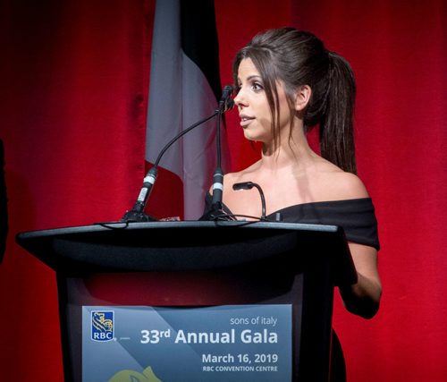 SUBMITTED PHOTO / MIREK WEICHSEL & JOHN GIAVEDONI

Stephanie Zirino gives the toast to Italy and Canada at the 33rd Annual Sons of Italy Garibaldi Lodge Gala on March 16, 2019 at the RBC Convention Centre Winnipeg. (See Social Page)