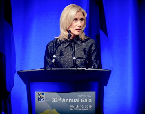 SUBMITTED PHOTO / MIREK WEICHSEL & JOHN GIAVEDONI

Kim Ulmer, regional president of RBC Royal Bank, the event's presenting sponsor, addresses the crowd at the 33rd Annual Sons of Italy Garibaldi Lodge Gala on March 16, 2019 at the RBC Convention Centre Winnipeg. (See Social Page)