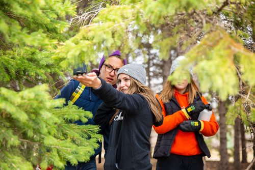 MIKAELA MACKENZIE/WINNIPEG FREE PRESS
Brittany Carmichael, a grade 11 student from École Edward Schreyer, learns map and compass skills with fellow classmates Kyle Mroz (left) and Julia Millan at at Bird's Hill Park on Tuesday, April 30, 2019. Standup.
Winnipeg Free Press 2019