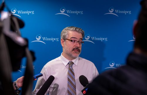 SASHA SEFTER / WINNIPEG FREE PRESS
Tim Shanks, Manager of Water Services for Winnipeg gives a statement and takes questions from the media regarding the invasive zebra mussel larva that was found in Shoal Lake according to a news release issued jointly on Monday by the provinces of Manitoba and Ontario.
190430 - Tuesday, April 30, 2019.