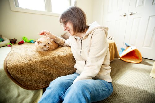 MIKAELA MACKENZIE/WINNIPEG FREE PRESS
Dale, a street cat who was saved by a number of people working together to socialize him to be the affectionate and approachable cat he is now, and Claudia Allen, director of Winnipeg's Lost Cat Alert, in St. Andrews on Tuesday, April 30, 2019. For Ashley Prest story.
Winnipeg Free Press 2019