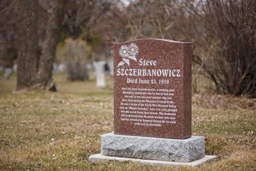 MIKE DEAL / WINNIPEG FREE PRESS
Headstone for Steve Szczerbanowicz who died on June 23, 1919. He was one of two workers who lost their lives during the Winnipeg General Strike.
Paul Moist, past president of CUPE, Brookside Cemetery tour coordinator, does tours of the cemetery, focusing on 14 people from the strike demonstration, who are buried at Brookside.
190430 - Tuesday, April 30, 2019.

see Jessica Botelho-Urbanski story