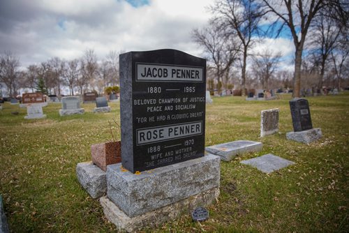 MIKE DEAL / WINNIPEG FREE PRESS
Headstone for Jacob and Rose Penner.
Paul Moist, past president of CUPE, Brookside Cemetery tour coordinator, does tours of the cemetery, focusing on 14 people from the strike demonstration, who are buried at Brookside.
190430 - Tuesday, April 30, 2019.

see Jessica Botelho-Urbanski story