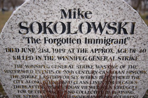 MIKE DEAL / WINNIPEG FREE PRESS
Headstone for Mike Sokolowski, "The Forgotten Immigrant" who died on June 21, 1919. He was one of two workers who lost their lives during the Winnipeg General Strike.
Paul Moist, past president of CUPE, Brookside Cemetery tour coordinator, does tours of the cemetery, focusing on 14 people from the strike demonstration, who are buried at Brookside.
190430 - Tuesday, April 30, 2019.

see Jessica Botelho-Urbanski story
