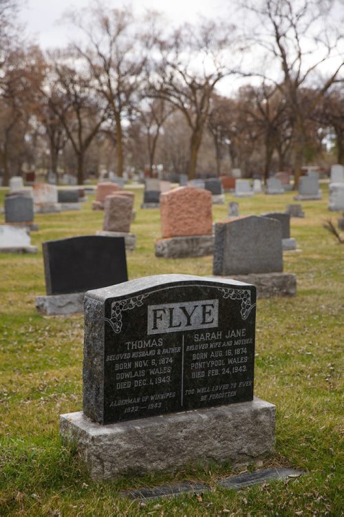 MIKE DEAL / WINNIPEG FREE PRESS
Headstone for Thomas and Sarah Jane Flye.
Paul Moist, past president of CUPE, Brookside Cemetery tour coordinator, does tours of the cemetery, focusing on 14 people from the strike demonstration, who are buried at Brookside.
190430 - Tuesday, April 30, 2019.

see Jessica Botelho-Urbanski story