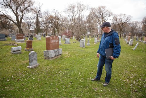 MIKE DEAL / WINNIPEG FREE PRESS
Paul Moist, past president of CUPE, Brookside Cemetery tour coordinator, does tours of the cemetery, focusing on 14 people from the strike demonstration, who are buried at Brookside.
At the gravesite of Fred Dixon who was an MLA during the Winnipeg General Strike. Fred Dixon currently has no headstone.
190430 - Tuesday, April 30, 2019.

see Jessica Botelho-Urbanski story