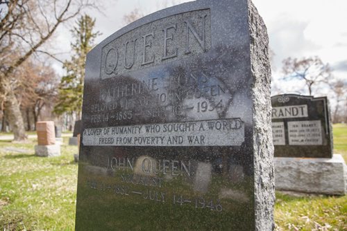 MIKE DEAL / WINNIPEG FREE PRESS
The headstone for Kaherine Ross Queen and John Queen.
Paul Moist, past president of CUPE, Brookside Cemetery tour coordinator, does tours of the cemetery, focusing on 14 people from the strike demonstration, who are buried at Brookside.
190430 - Tuesday, April 30, 2019.

see Jessica Botelho-Urbanski story