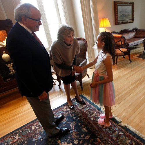 PHIL HOSSACK / WINNIPEG FREE PRESS -  STAND-UP - 8yr old Jaylynn Chartier is met by Lt Governor Janice Filmon and her husband Gary at Government House Tuesday prior to receiving her Lifesaving Societys Rescue Commendation. See release details below. - April 30, 2019. 

Saskatchewan River, Grand Rapids, MB
Jaylynn Chartier, Phoenix Chartier, Eden Rose Walker
On July 6, 2018, Jaylynn Chartier, age 8, Phoenix Chartier, age 9, and Eden Rose Walker, age 11, were out skipping rocks on the Saskatchewan River in Grand Rapids, MB. They noticed a five year old girl from the community floating face down in the river.
The girls did not hesitate to help out, and while one of them managed to get the smaller child to shore, the others tried to find an adult to assist in the situation. An unidentified adult was found who went to call EMS, while two of the girls performed CPR on the unconscious and non-breathing five year old. The girls had never taken first aid or rescue training, but had learned CPR from watching a movie. The five year old was taken to the community health centre and then further medical attention. She survived and has made a full recovery.
For their quick thinking and bravery in undertaking a rescue despite having no formal training, Jaylynn Chartier, Phoenix Chartier and Eden Rose Walker are deserving of recognition with the Lifesaving Societys Rescue Commendation.
