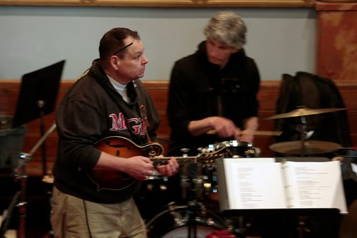PHIL HOSSACK / WINNIPEG FREE PRESS - Acoustically Inclined in rehearsal Tuesday. Left to right, Kerry Krishna mandolin, Barry Mirochnik drums,. -  April 30, 2019.