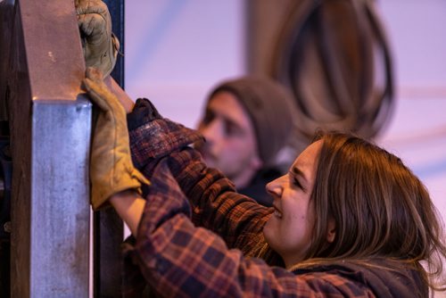 SASHA SEFTER / WINNIPEG FREE PRESS
Owner of WPG Timber Co. Mike McGarry and his girlfriend Carlee Farmer repair a saw blade while processing diseased ash trees into usable lumber in McGarry's warehouse in Winnipeg's Chevrier neighbourhood.
190501 - Wednesday, May 01, 2019.