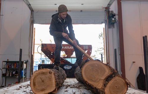 SASHA SEFTER / WINNIPEG FREE PRESS
Owner of WPG Timber Co. Mike McGarry moves a diseased ash tree into his warehouse in Winnipeg's Chevrier neighbourhood.
190501 - Wednesday, May 01, 2019.