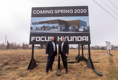 SASHA SEFTER / WINNIPEG FREE PRESS
General Manager Dean Peterson (left) and and President Brian Lowes (right) of Focus Hyundai stand in what will soon be the site of a Focus Hyundai dealership at 268 Almey Avenue in Kildonan Crossing neighbourhood.
190502 - Thursday, May 02, 2019.