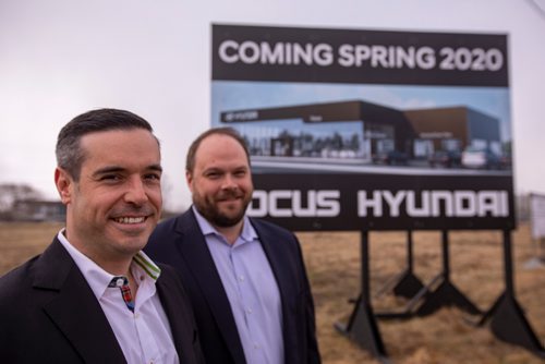 SASHA SEFTER / WINNIPEG FREE PRESS
President Brian Lowes (left) and General Manager Dean Peterson (right) stand in what will soon be the site of a Focus Hyundai dealership at 268 Almey Avenue in Kildonan Crossing neighbourhood.
190502 - Thursday, May 02, 2019.
