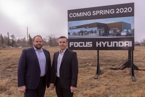SASHA SEFTER / WINNIPEG FREE PRESS
General Manager Dean Peterson (left) and and President Brian Lowes (right) of Focus Hyundai stand in what will soon be the site of a Focus Hyundai dealership at 268 Almey Avenue in Kildonan Crossing neighbourhood.
190502 - Thursday, May 02, 2019.