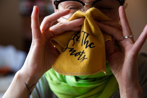 MIKAELA MACKENZIE/WINNIPEG FREE PRESS
Andee Penner, the creative behind Sew Dandee, demonstrates a handkerchief use in her studio in Winnipeg on Thursday, May 2, 2019. Penner focusses on environmentally sustainable, reusable products with a quirky local twist. For Dave Sanderson story.
Winnipeg Free Press 2019