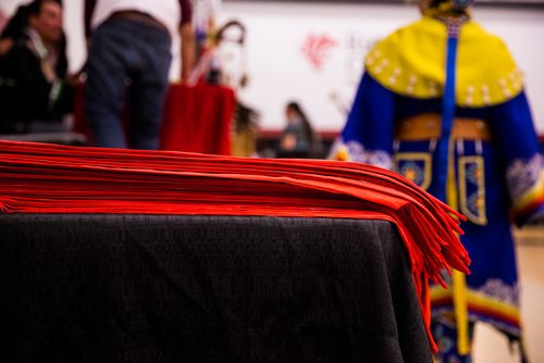 MIKAELA MACKENZIE / WINNIPEG FREE PRESS
New Indigenous stoles lay ready to be presented to the graduates at the Graduation Pow Wow on Friday, May 3, 2019. For Alex Paul story.
Winnipeg Free Press 2019.