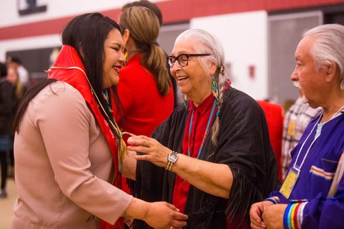 MIKAELA MACKENZIE / WINNIPEG FREE PRESS
Red River culinary arts graduate Raven de Freitas hugs elder Mae Louise Campbell at the Graduation Pow Wow on Friday, May 3, 2019. For Alex Paul story.
Winnipeg Free Press 2019.