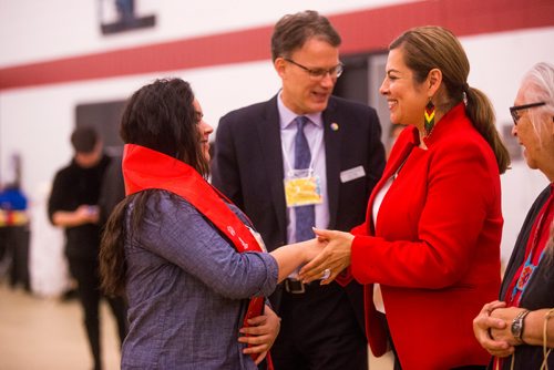 MIKAELA MACKENZIE / WINNIPEG FREE PRESS
Red River graduate Veronica Cameron shakes hands with executive director of indigenous strategies Rebecca Chartrand at the Graduation Pow Wow on Friday, May 3, 2019. For Alex Paul story.
Winnipeg Free Press 2019.