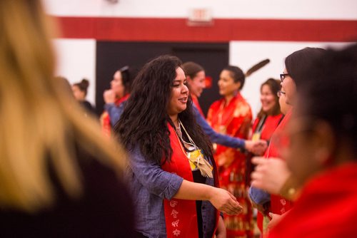 MIKAELA MACKENZIE / WINNIPEG FREE PRESS
Red River graduate Veronica Cameron shakes hands with fellow graduates at the Graduation Pow Wow on Friday, May 3, 2019. For Alex Paul story.
Winnipeg Free Press 2019.