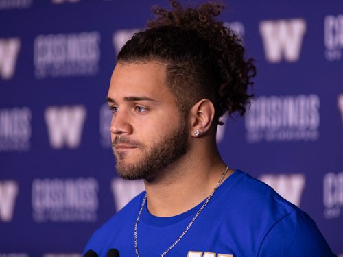 SASHA SEFTER / WINNIPEG FREE PRESS
Winnipeg Blue Bombers 14th overall pick in Thursday nights CFL Draft Brady Oliveira introduces himself to the media at Investors Group Field.
190503 - Friday, May 03, 2019.