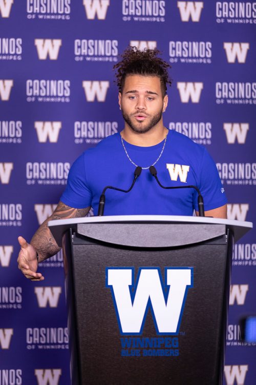 SASHA SEFTER / WINNIPEG FREE PRESS
Winnipeg Blue Bombers 14th overall pick in Thursday nights CFL Draft Brady Oliveira introduces himself to the media at Investors Group Field.
190503 - Friday, May 03, 2019.
