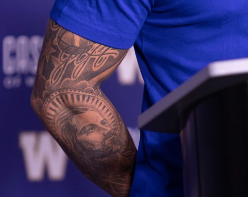 SASHA SEFTER / WINNIPEG FREE PRESS
Winnipeg Blue Bombers 14th overall pick in Thursday nights CFL Draft Brady Oliveira introduces himself to the media at Investors Group Field.
190503 - Friday, May 03, 2019.