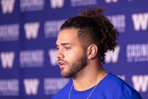 SASHA SEFTER / WINNIPEG FREE PRESS
Winnipeg Blue Bombers 14th overall pick in Thursday nights CFL Draft Brady Oliveira introduces himself to the media at Investors Group Field.
190503 - Friday, May 03, 2019.