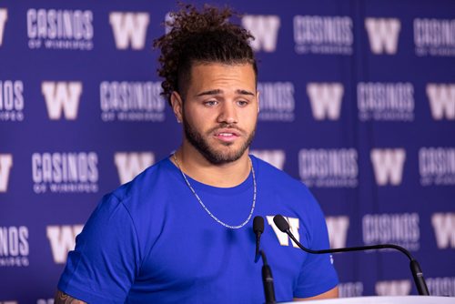 SASHA SEFTER / WINNIPEG FREE PRESS
Winnipeg Blue Bombers 14th overall pick in Thursday nights CFL Draft Brady Oliveira introduces himself to the media at Investors Group Field.
190503 - Friday, May 03, 2019.