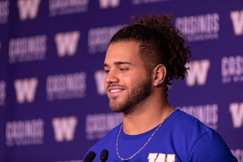 SASHA SEFTER / WINNIPEG FREE PRESS
Winnipeg Blue Bombers 14th overall pick in Thursday nights CFL Draft Brady Oliveira introduces himself to the media at Investors Group Field.
190503 - Friday, May 03, 2019.
