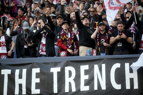 TREVOR HAGAN / WINNIPEG FREE PRESS
Fans in The Trench section of Investors Group Field celebrate after Valour FC's Micheal Petrasso (9) scores the teams first goal at home, on a penalty kick, against Edmonton FC, Saturday, May 4, 2019. For Mike Sawatzky story about fan group